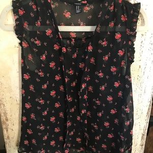 Forever 21 sleeveless ruffle tie-neck black and pink floral sheer blouse
